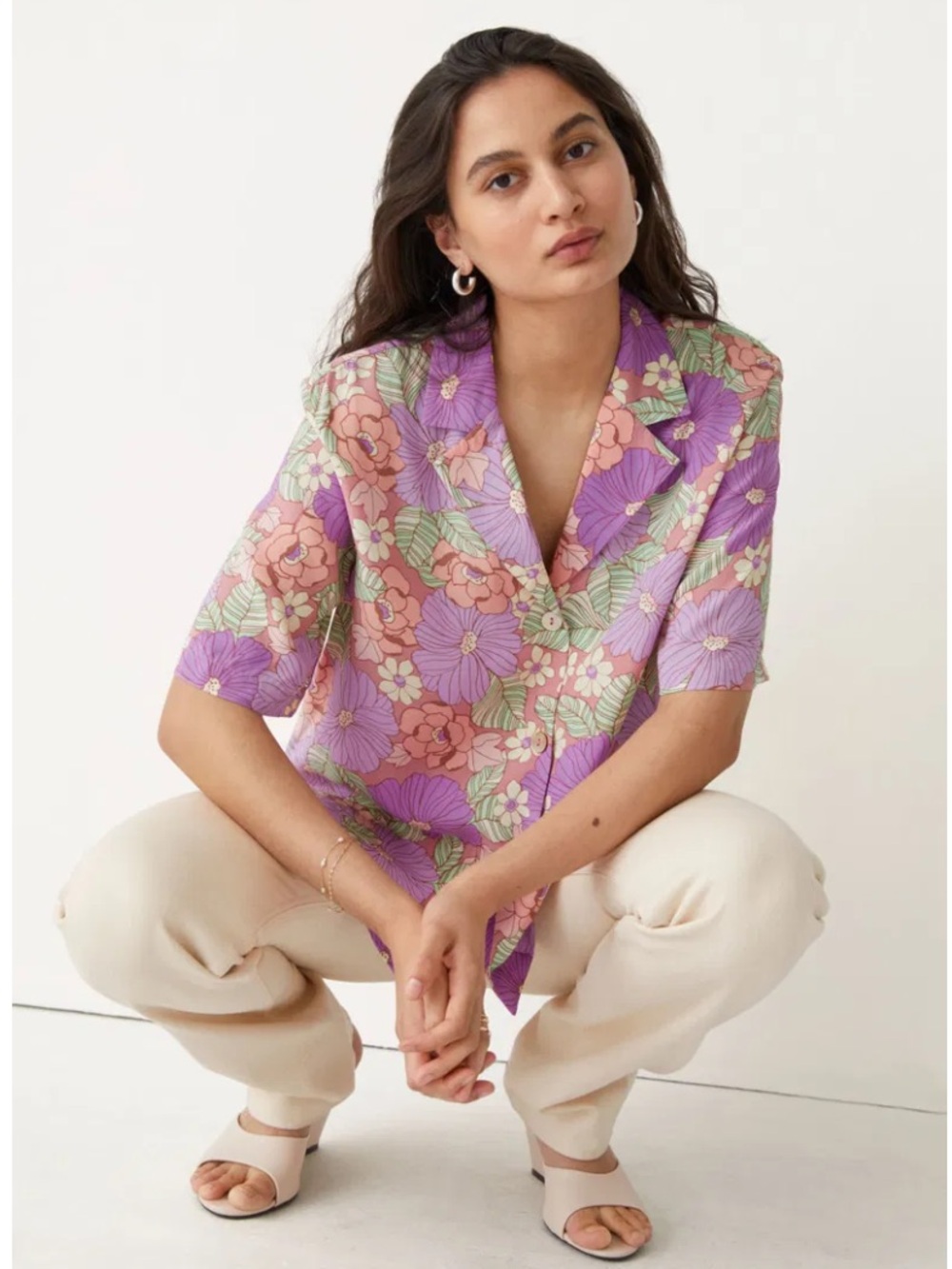 & OTHER STORIES Shell Button Down Shirt In Purple Floral Print Size Small